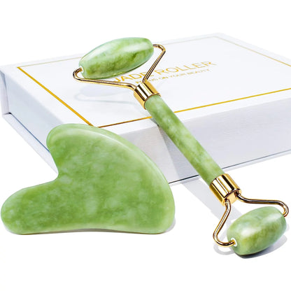 Jade Roller & Gua Sha, Natural Jade Face Roller Gua Sha Tool Facial Skin Care Massager, Green